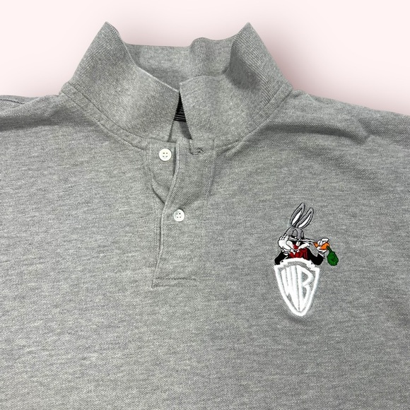 Vintage 90s Bugs Bunny Looney Tunes Warner Bros Grey Polo Collared Shirt Size XL - Picture 2 of 7